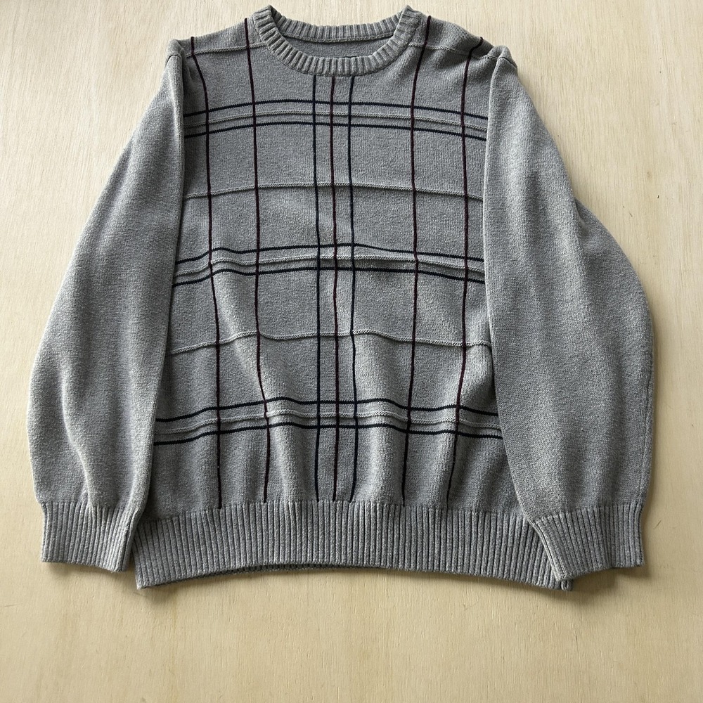 David Taylor Collection Sweater Mens XL Gray Plaid Tight Knit Crewneck Pullover